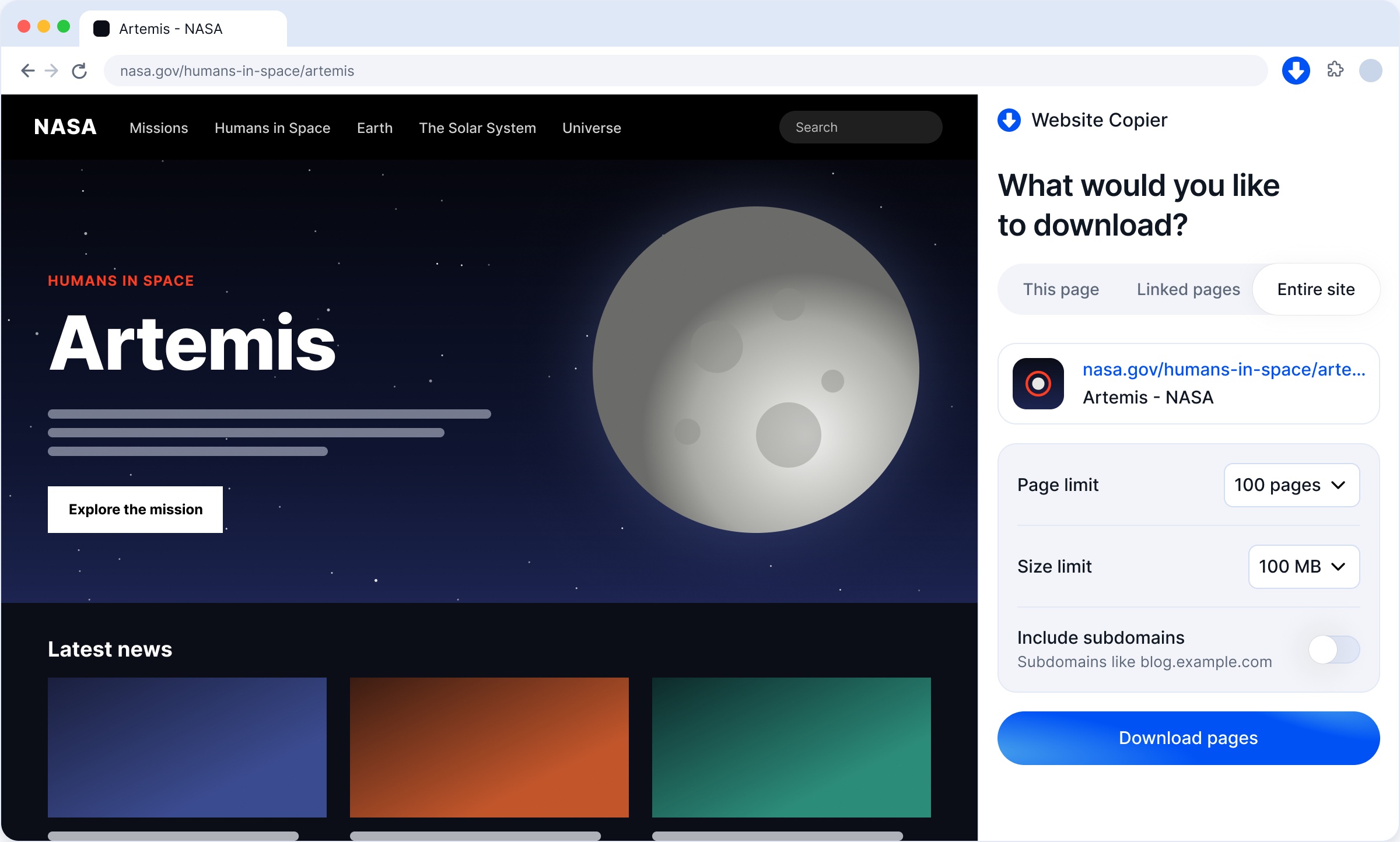 Chrome with the NASA Artemis page open and the Website Copier side panel: This page, Linked pages, Entire site, page and size limits, Download pages.